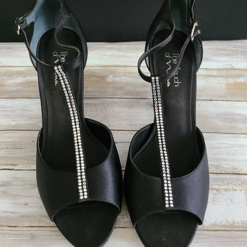 Black rhinestone t-strap heels